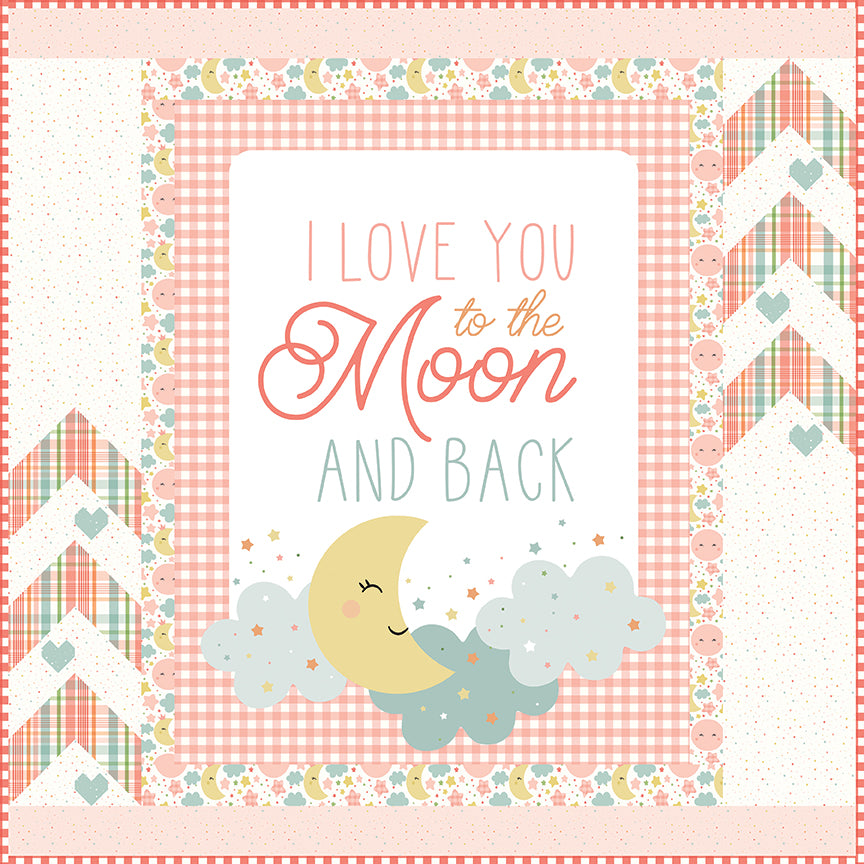 Finished Love You to the Moon Coral Panel quilt made with Love You to the Moon flannel by Echo Park for Riley Blake Designs.