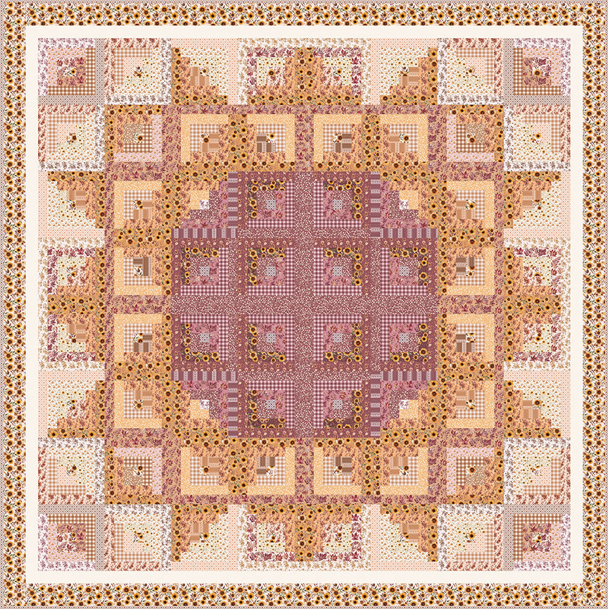 A square quilt with a symmetrical geometric patchwork layout in muted pink, beige, tan, and brown tones, bordered by a repeating floral pattern.