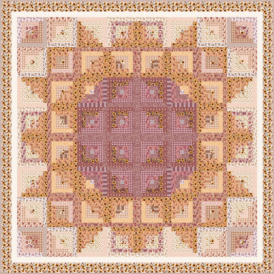 A square quilt with a symmetrical geometric patchwork layout in muted pink, beige, tan, and brown tones, bordered by a repeating floral pattern.