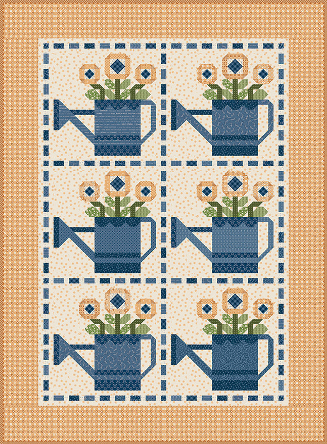 Bloom and Grow quilt pattern by Lori Holt for It's Sew Emma, featuring six watering cans full of blossoms in blue and yellow.
