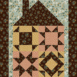 Building Blocks table runner kit using Worth Repeating fabric by Sandy Gervais for Riley Blake Designs. Patchwork star blocks in blush, gold, and dark coffee brown. Finishes at 18" x 62".