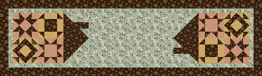 Building Blocks table runner kit using Worth Repeating fabric by Sandy Gervais for Riley Blake Designs. Patchwork star blocks in blush, gold, and dark coffee brown. Finishes at 18" x 62".