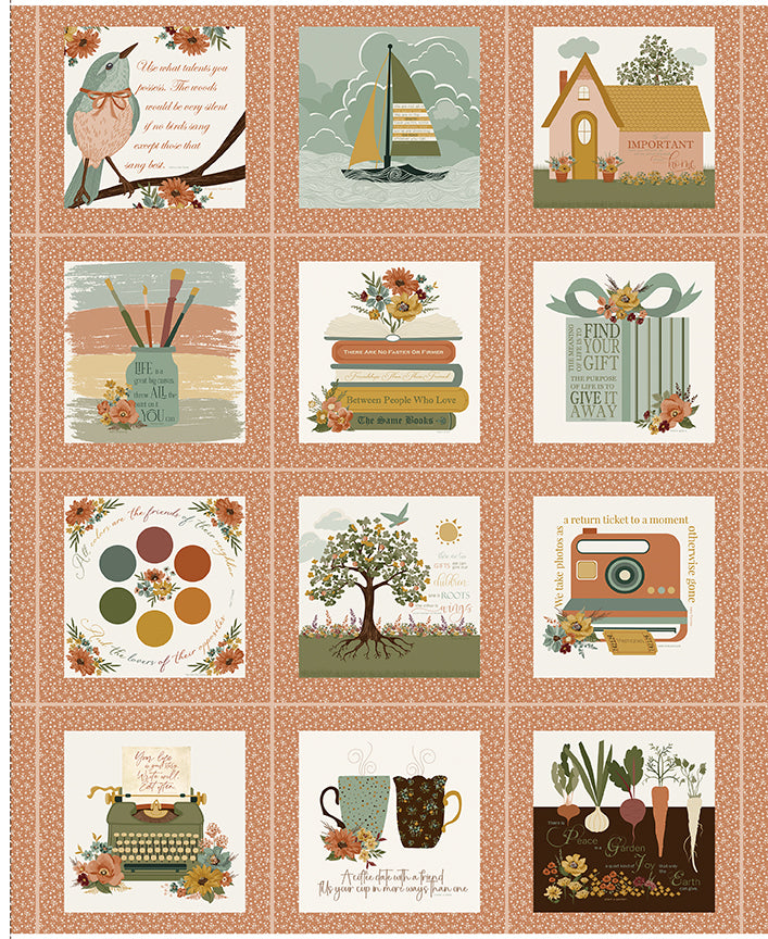 Fabric panel featuring12 small squares with pictures and sweet sayings.  Fall colors and pretty borders. 