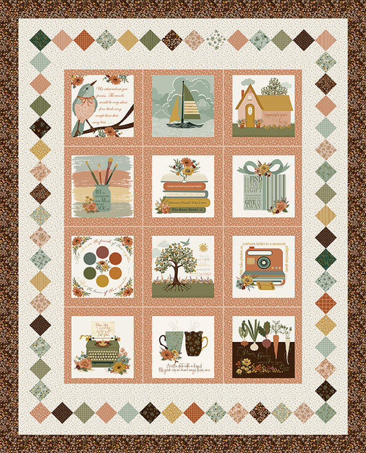 Worth Repeating panel quilt featuring 12 illustrated blocks with inspirational themes — birds, books, garden, sailboat, typewriter, and more — set in a fresco and coffee brown palette with a diamond border. Sandy Gervais for Riley Blake Designs.