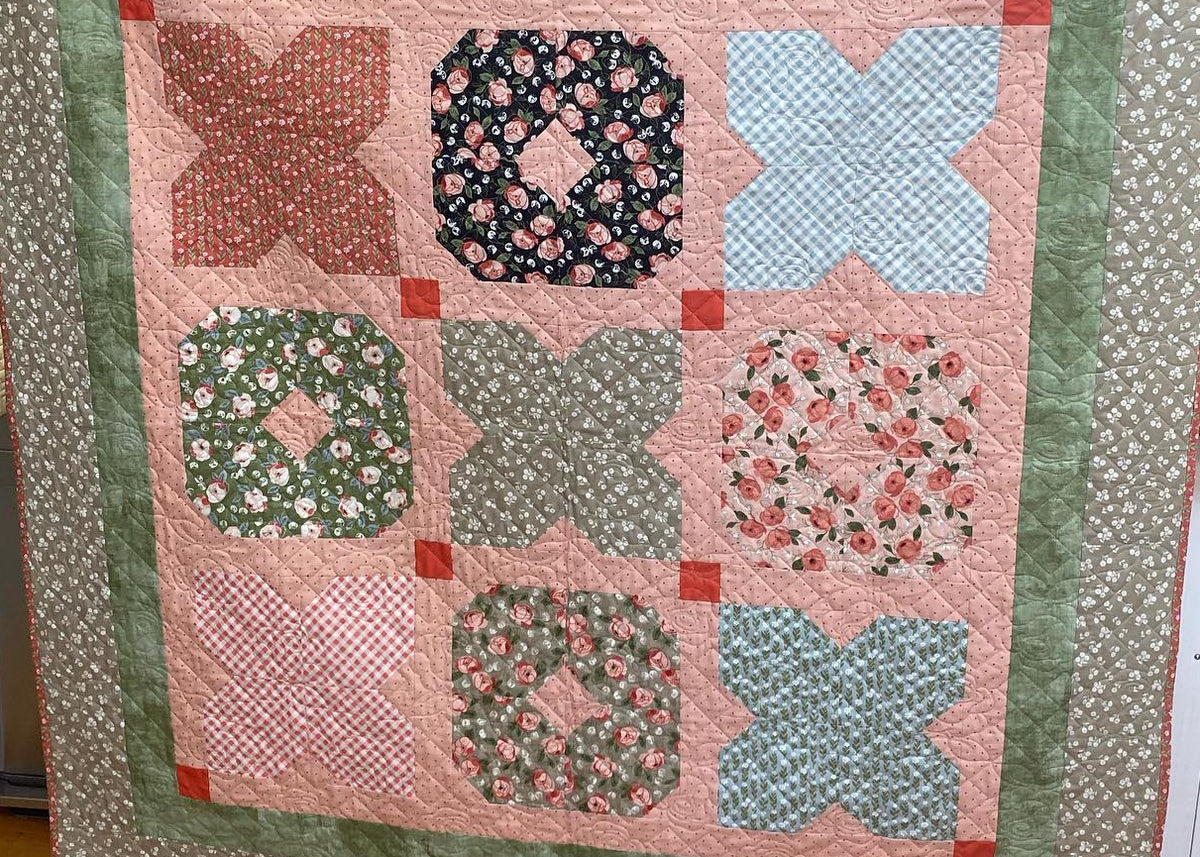 A handmade patchwork quilt hanging flat on a display stand in a room. The quilt features a central grid of nine floral and geometric blocks in muted pink, sage green, and black, surrounded by a wide sage green border and a light beige floral outer edge.